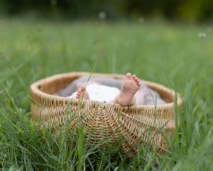 In einem Korb auf einer Wiese liegt ein Neugeborenes Baby.